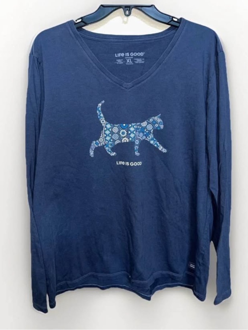 Life Is Good Cat Mosaic Long Sleeve Blue Women's Sz XL Crusher Tee, Flower